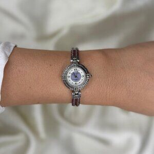 Vintage Y2K Watch Purple Beaded Band Silver Face Water Resistant Quartz